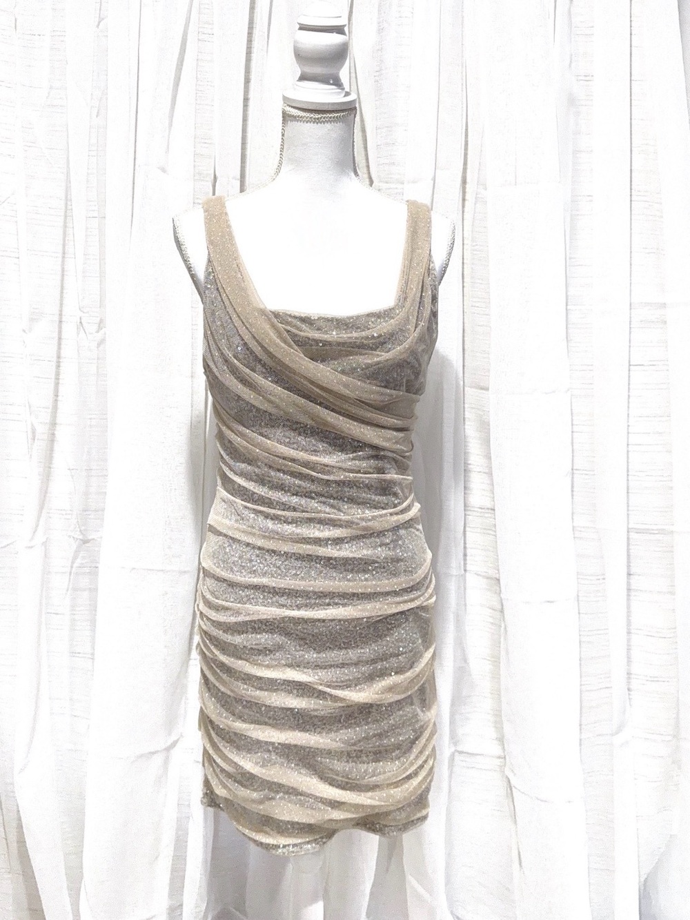 Express Champagne-Tone Sparkle Ruched Midi Dress